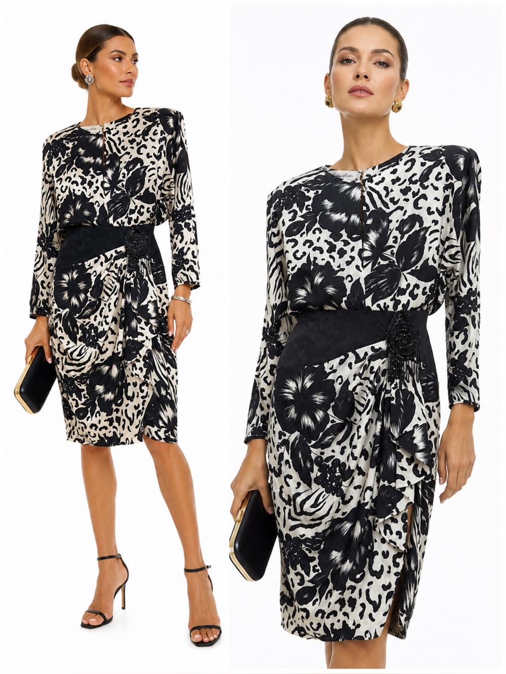 Vintage Lillie Rubin 100% Silk Cocktail Dress Black White Beaded Size 8